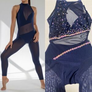 AA dance design custom solo costume blue oasis unitard rhinestoned SC-Small chil